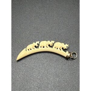 Vintage 1970’s Carved  Bovine Pendant Intricate Elephants EUC